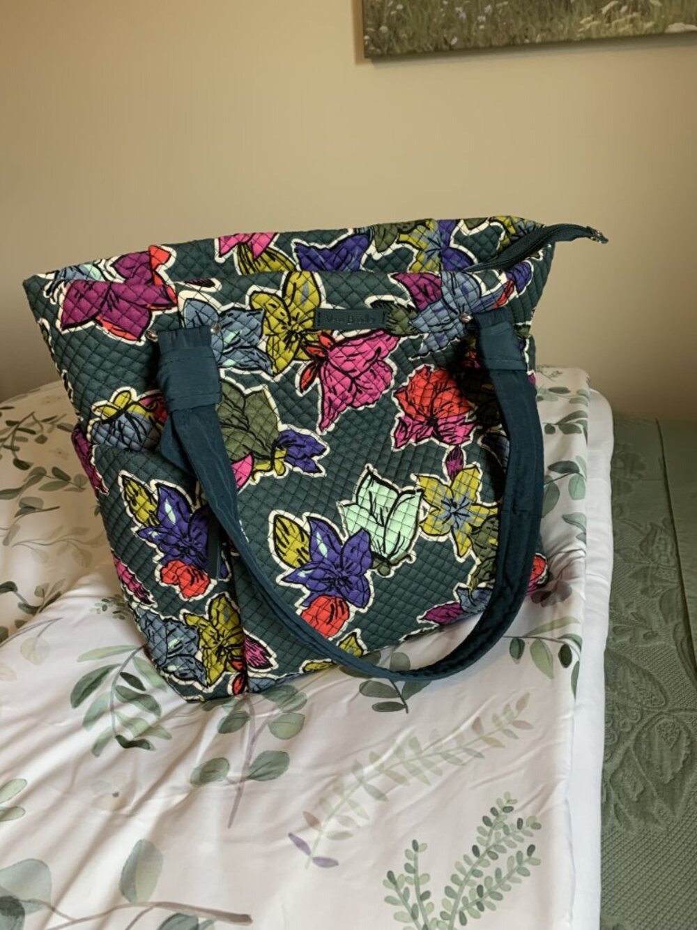Vera Bradley Quilted Cotton Top Zip Tote Forest Green Multi EUC